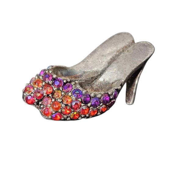 Vintage Brooch Rhinestone Aurora Borealis Retro High Heel Mule Sparkle Shoe Pin - Picture 1 of 5